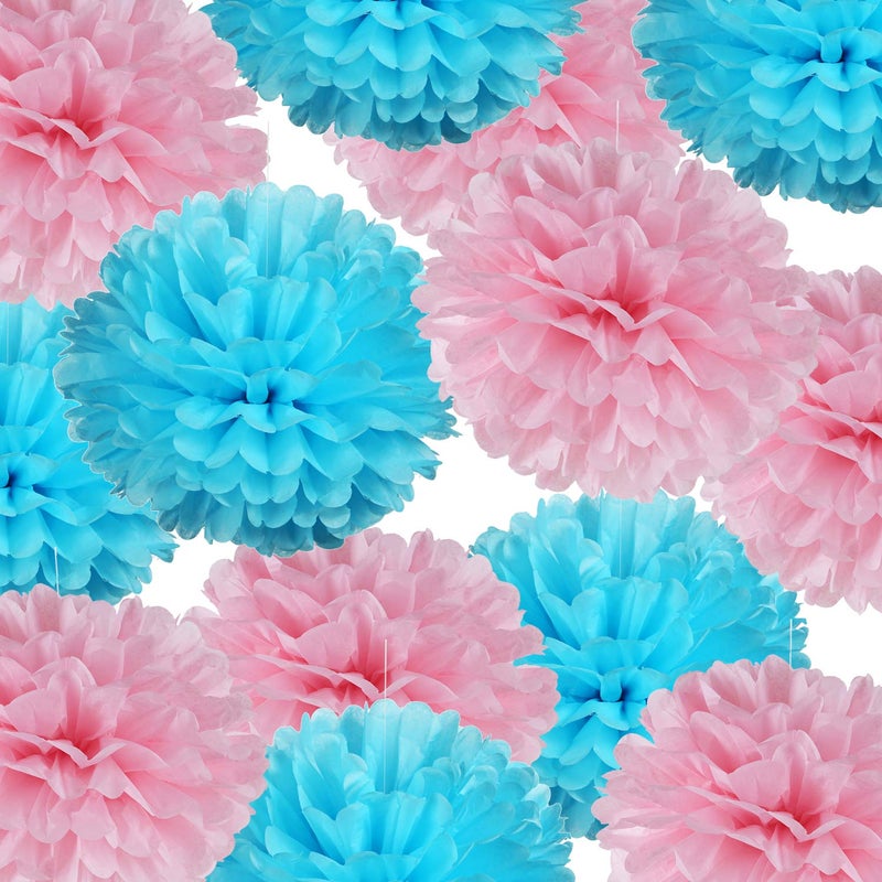 Adeer 14" Pink and Blue Tissue Pom Poms Kit DIY Decorative Paper Flowers for Baby Shower Boy or Girl Gender Reveal Party Wedding Backdrop Birthday Party Nursery Hanging Decorations, Pack of 10 - Image 1
